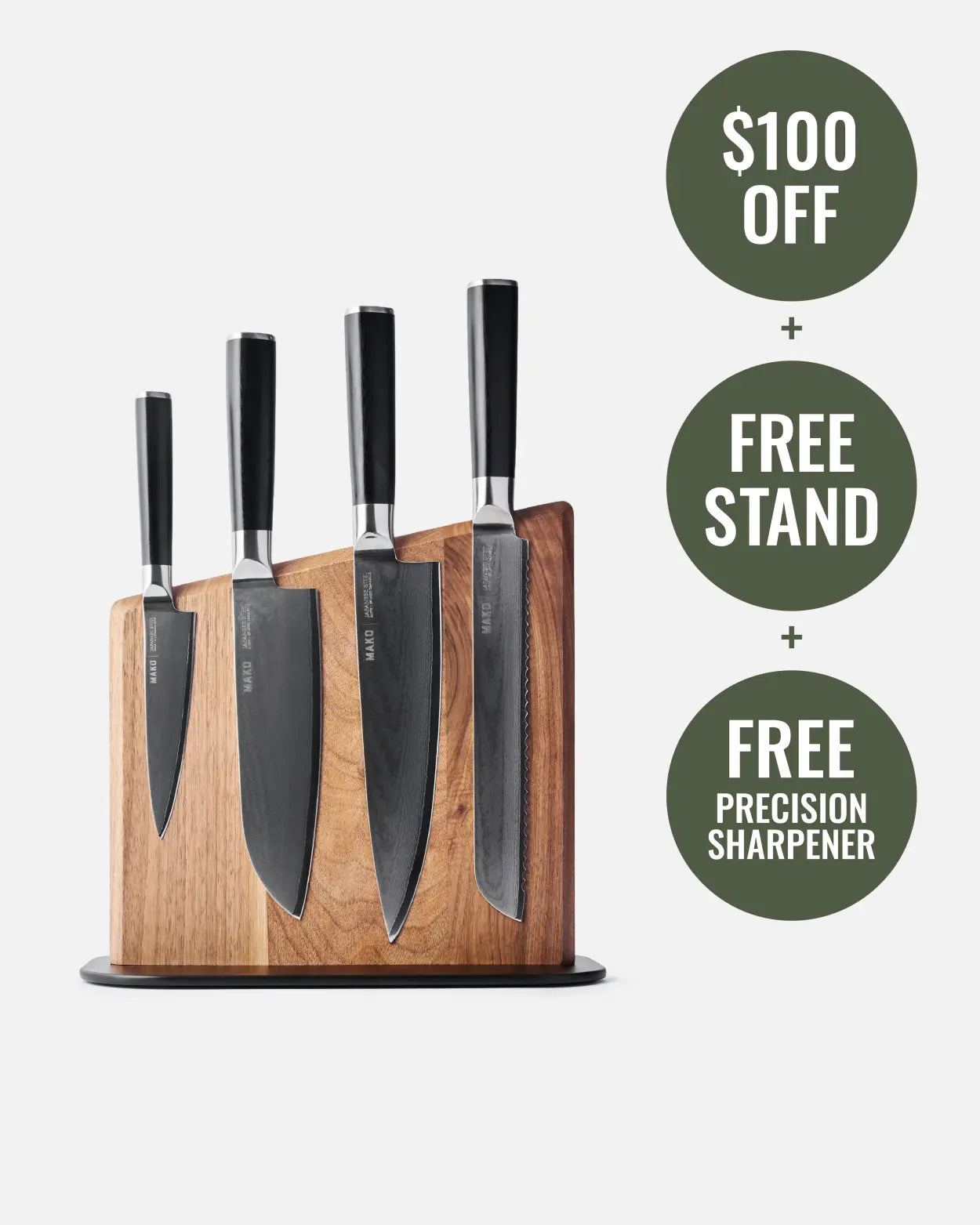 MAKO Japanese Steel Knife Set of 4 - Black Magnetic Stand knives on stand white background