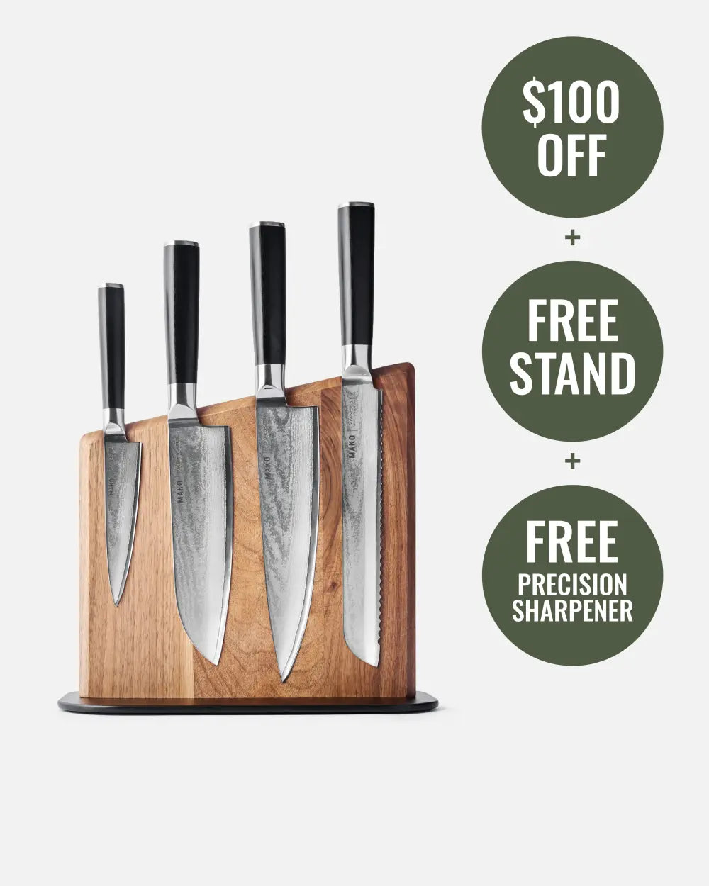 MAKO Japanese Steel Knife Set of 4 - Black Magnetic Stand knives on stand white background