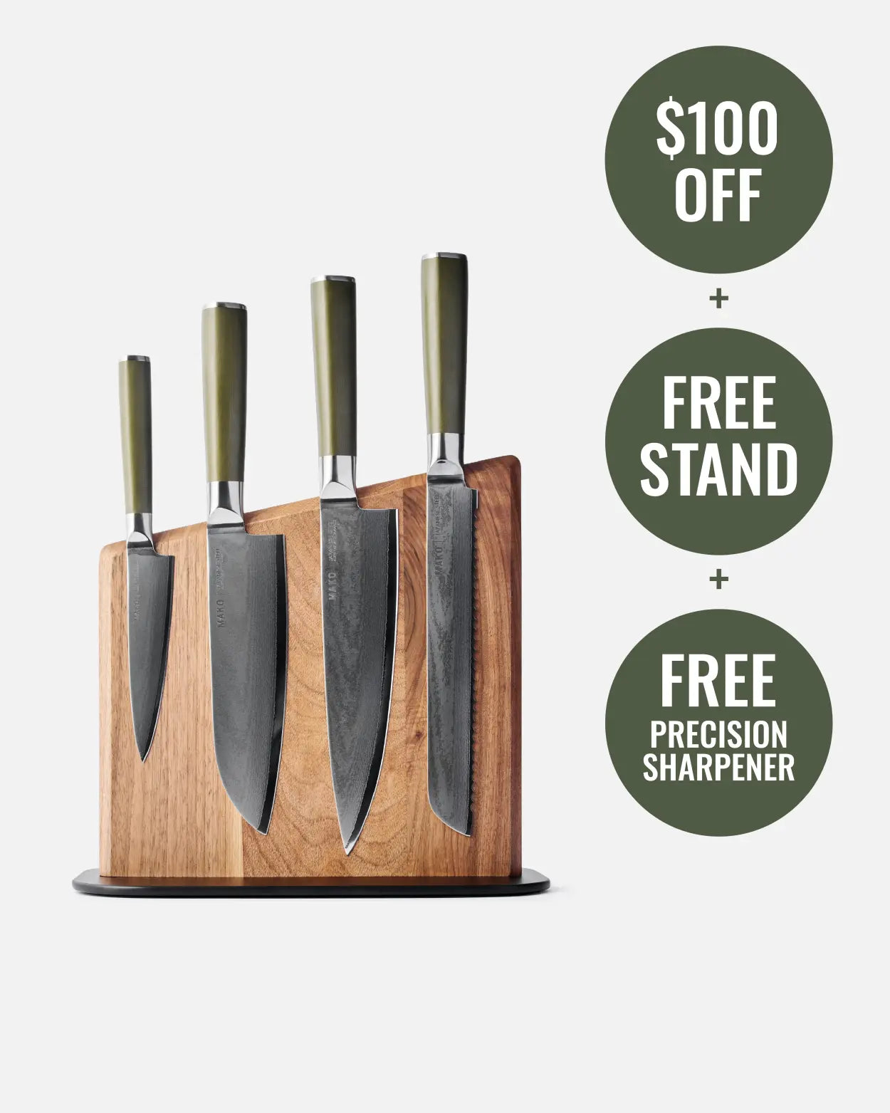 MAKO Japanese Steel Knife Set of 4 - Olive Green Magnetic Stand white background