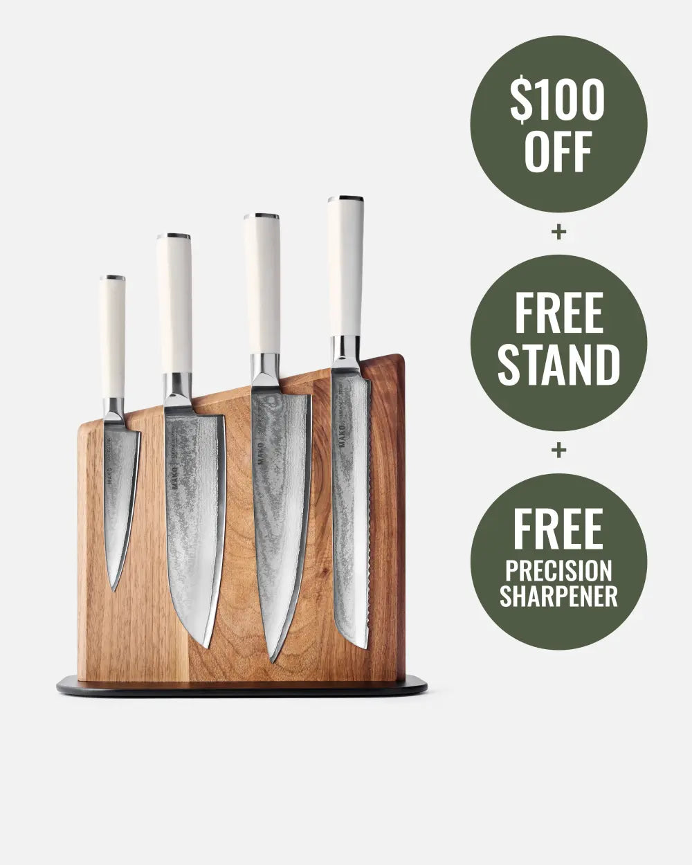 MAKO Japanese Steel Knife Set of 4 - Cream Magnetic Stand white background knives on magnetic block