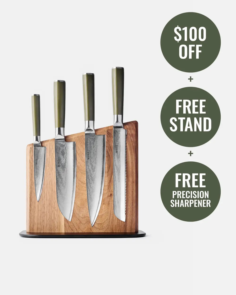 MAKO Japanese Steel Knife Set of 4 - Olive Green Magnetic Stand white background