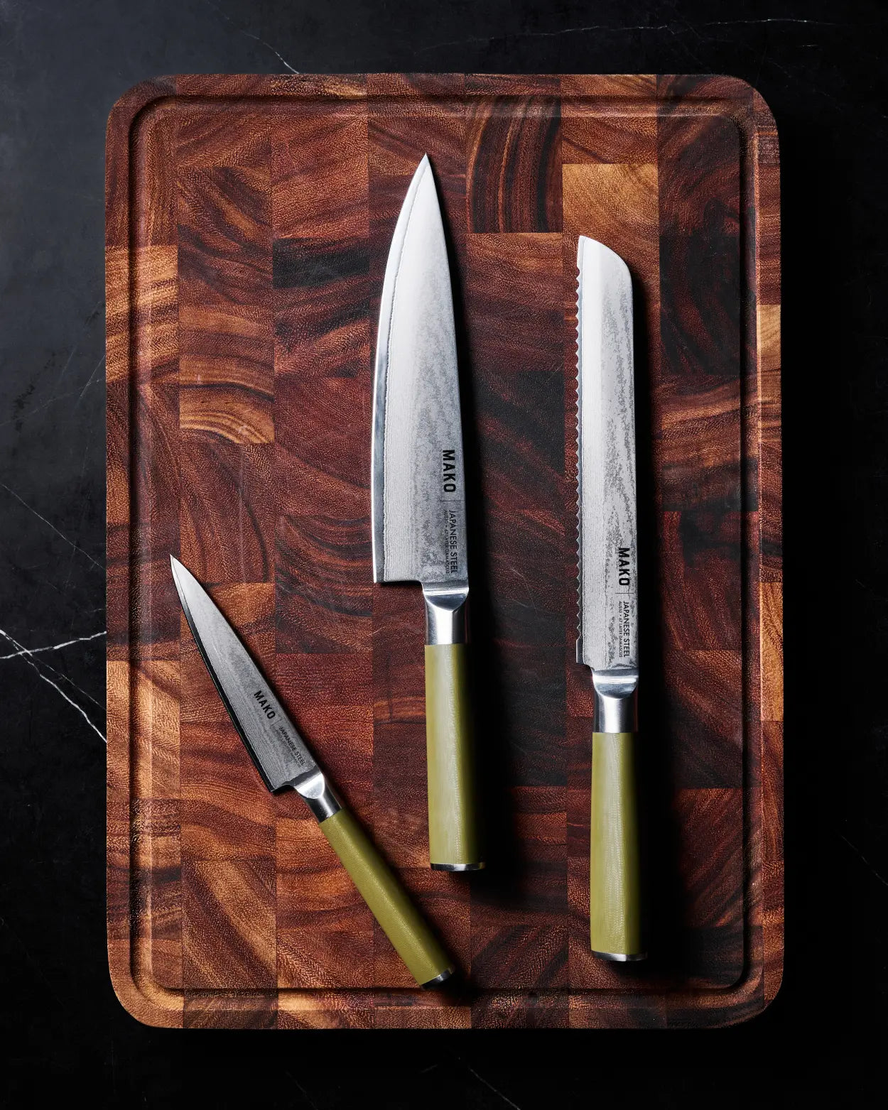 MAKO Japanese Steel Knife Trio - Olive Green wooden board on dark marble slab