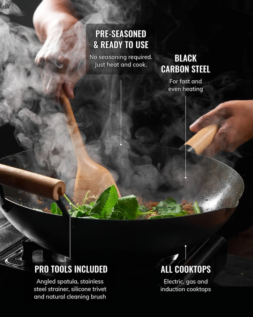 Hands stir-frying vegetables in a black carbon steel wok on a stovetop, with steam rising.