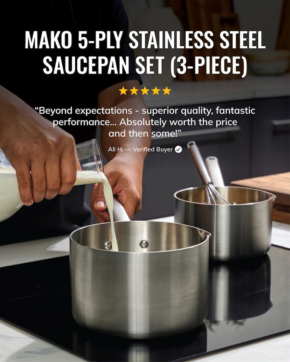 MAKO 5-Ply Stainless Steel Saucepan Set (3-piece) review superior quality fantastic performance in use on induction cooktop
