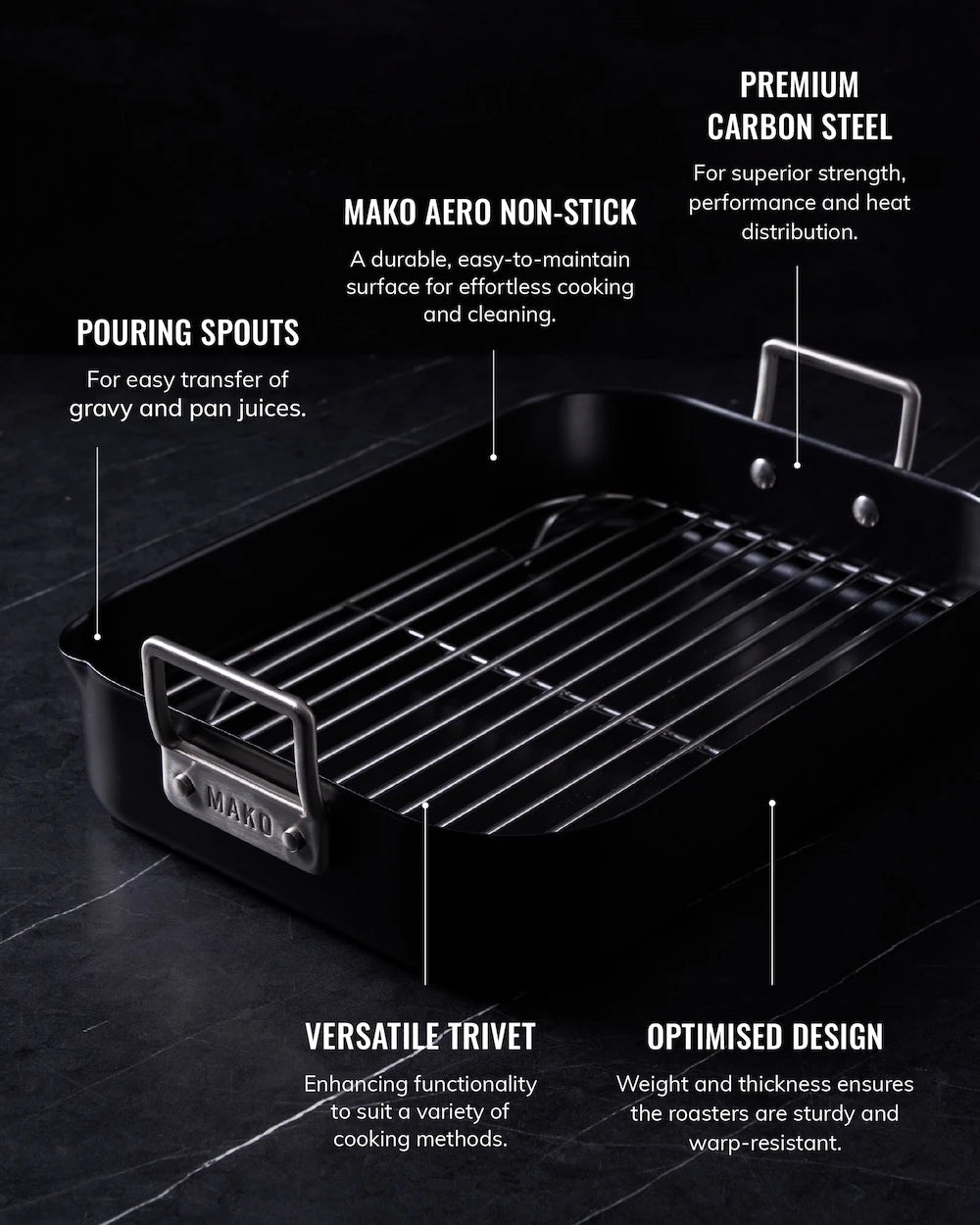 Non-stick carbon steel roasting pan with rack, pouring spouts, sturdy handles and trivet.