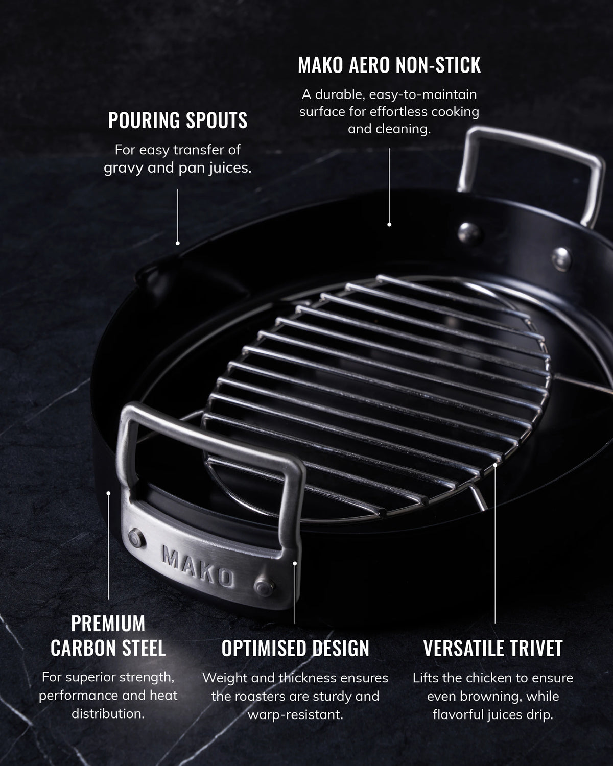 Non-stick oval chicken roaster with pouring spouts, carbon steel build, and versatile trivet.