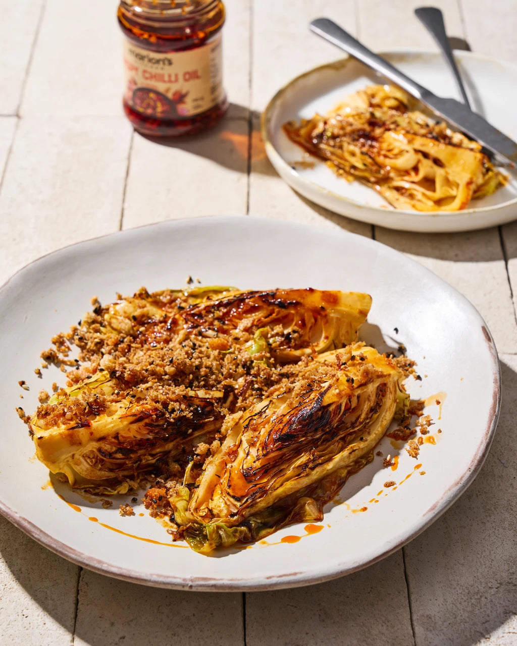 Charred Gochujang Butter Cabbage with Crunchy Breadcrumbs recipe - plate up and serve