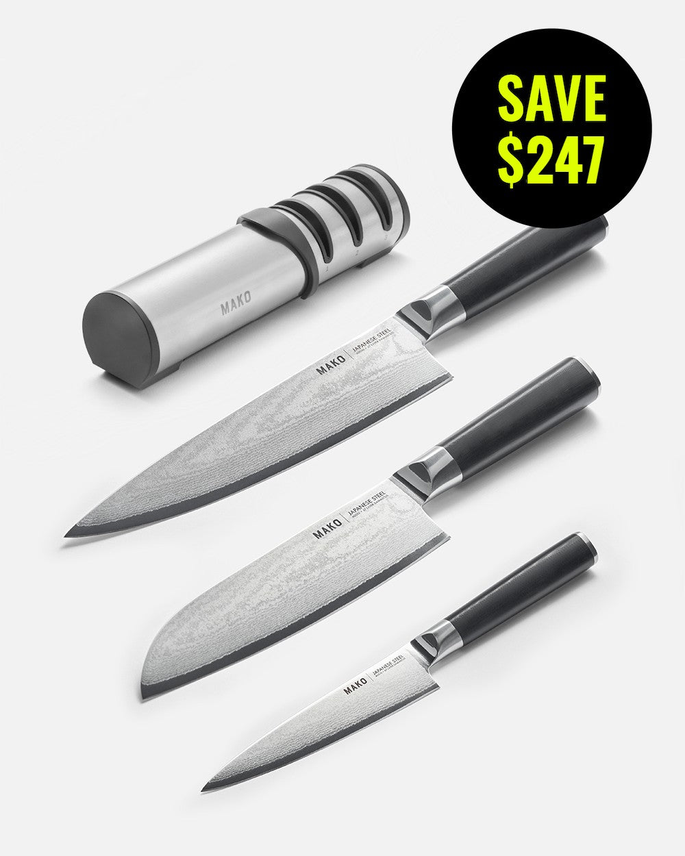Japanese steel knife sharpener set with three black-handled knives and sharpener, save $247 offer