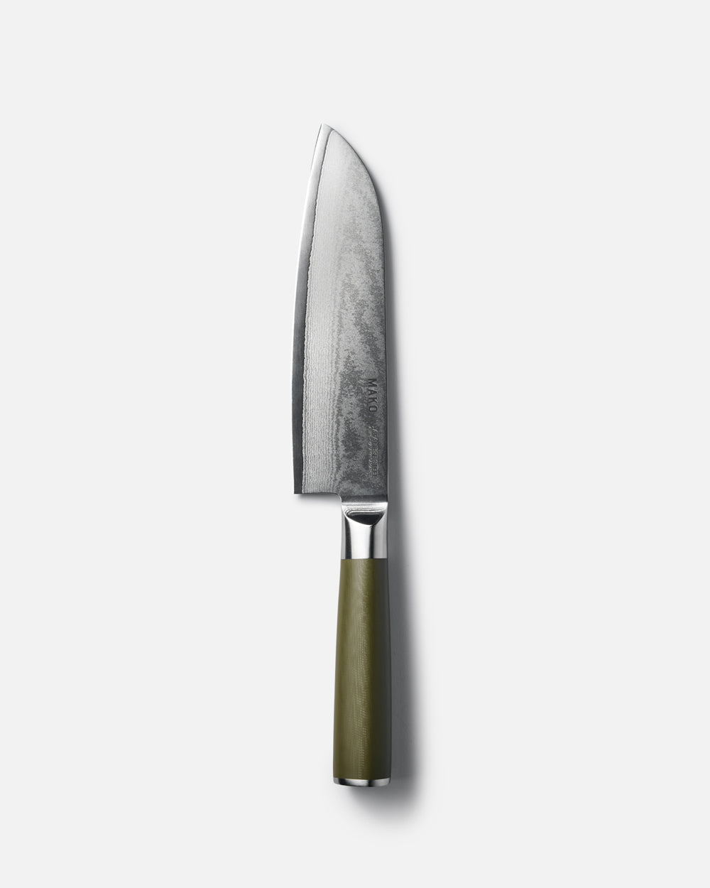 MAKO Japanese Steel Olive Green 7″ Santoku Knife in white background vertical alignment tip upwards