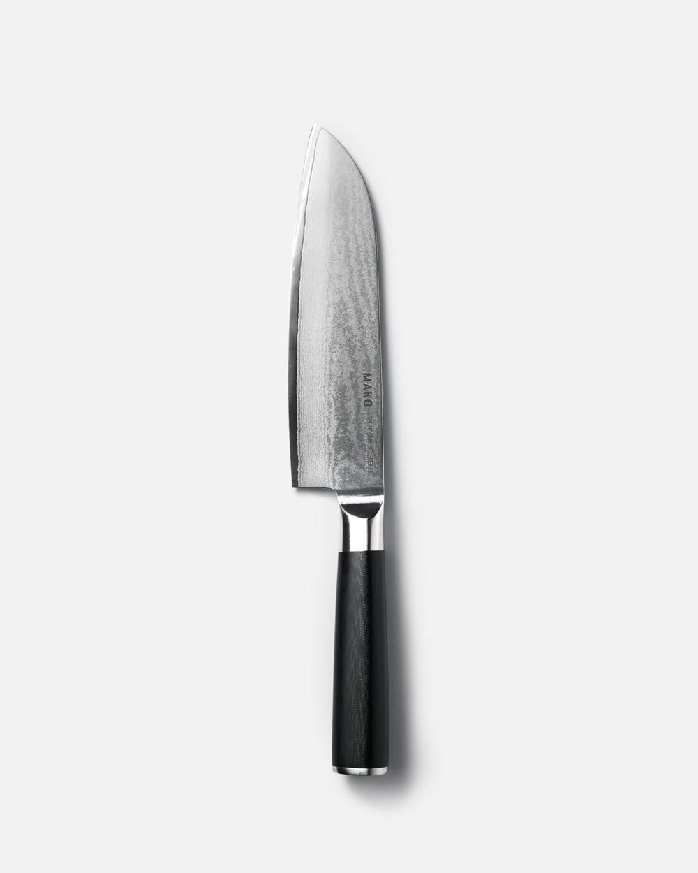 MAKO Japanese Steel Black 7″ Santoku Knife white background vertical alignment tip upwards