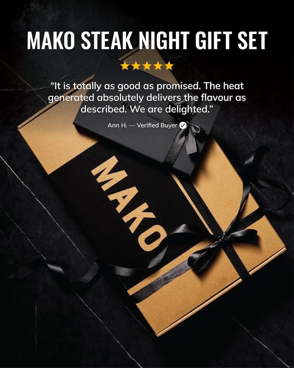MAKO Steak Night Gift Set review as good as promised flavour as described in box with wrapping on dark marble bench top