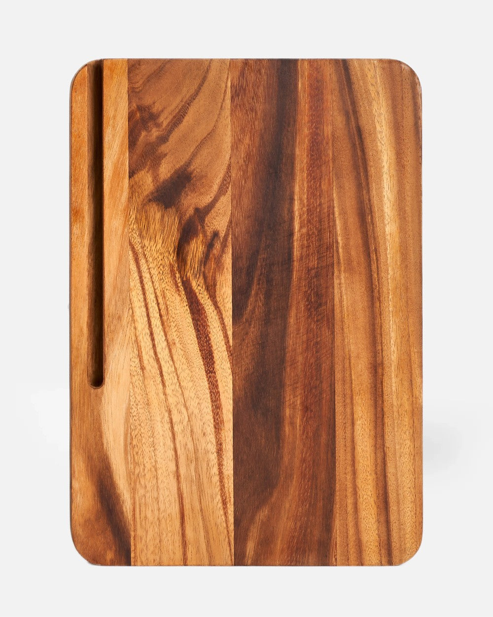 Rectangular wood cutting board with rounded corners and a groove, natural grain finish