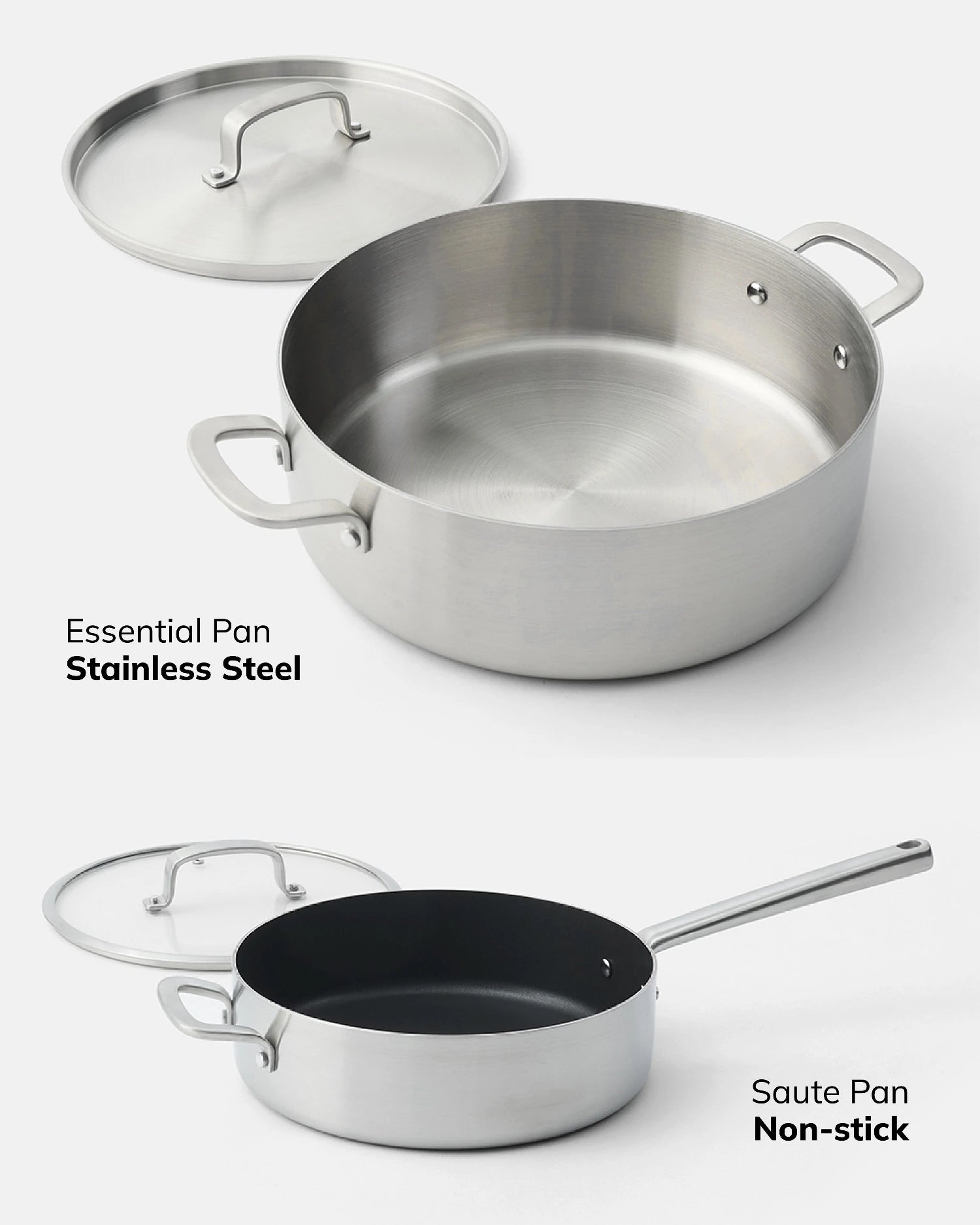 MAKO 5-Ply Chefs Set (9-Piece) - Stainless Essential Pan & Non-Stick Saute Pan up close CookDineHost