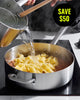 Mako saute pan with pasta and sauce, water being poured in, CookDineHost $50 savings offer