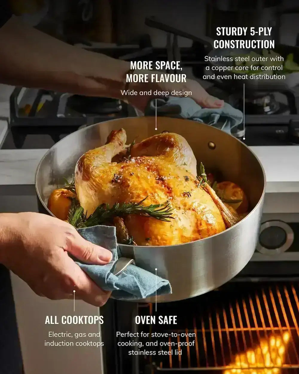 Stainless steel pan with roasted chicken and herbs held by hands using cloth, oven-safe on modern stove
