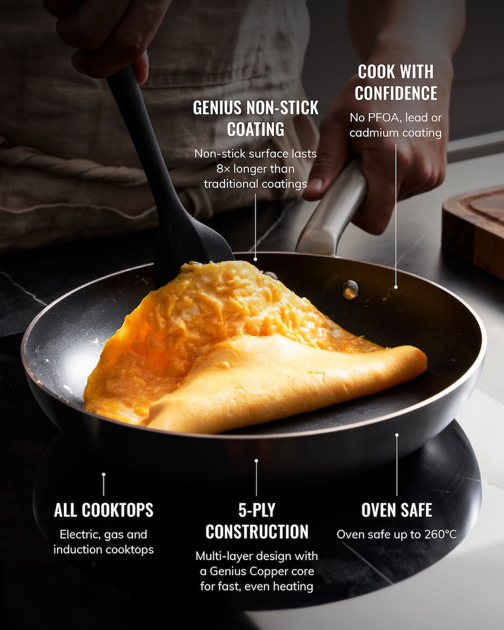 Non-stick frying pan cooking scrambled eggs on a stovetop, highlighting 5-ply construction and oven safety features.