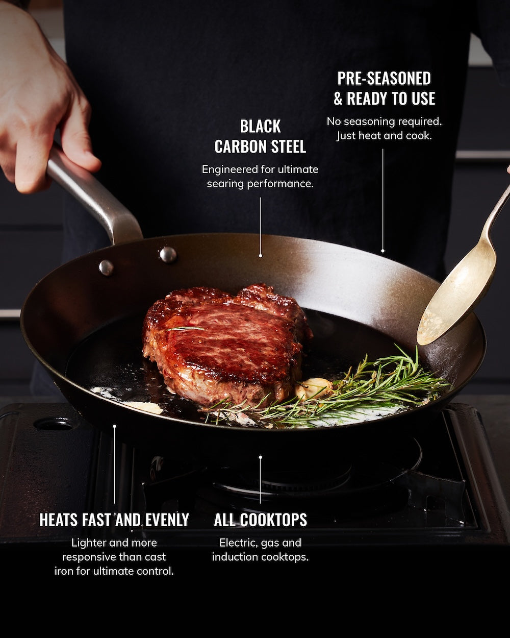 Seared steak cooking in a black carbon steel pan on stovetop with rosemary and garlic, highlighting pre-seasoned cookware features.