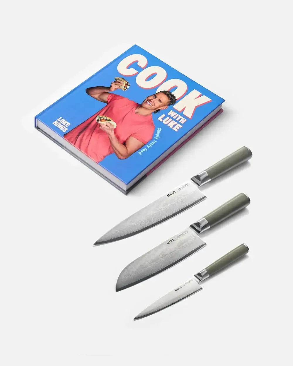 Cook with Luke cookbook and three Mako kitchen knives with olive green handles on white background