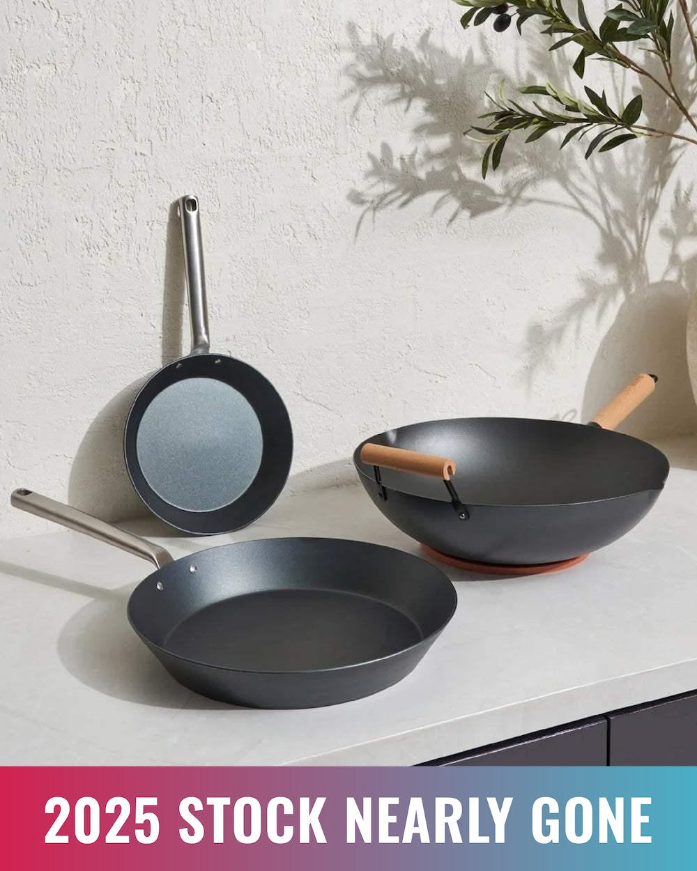 MAKO - Must Have Set, Black steel Wok, Steak Pan and Mini Sear pan. Styled image against wall