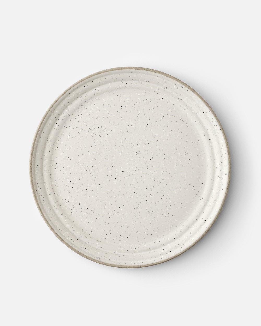Stoneware dinner plate with a speckled cream finish on a white background