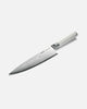 Mako chef knife with white handle and patterned Japanese steel blade on white background