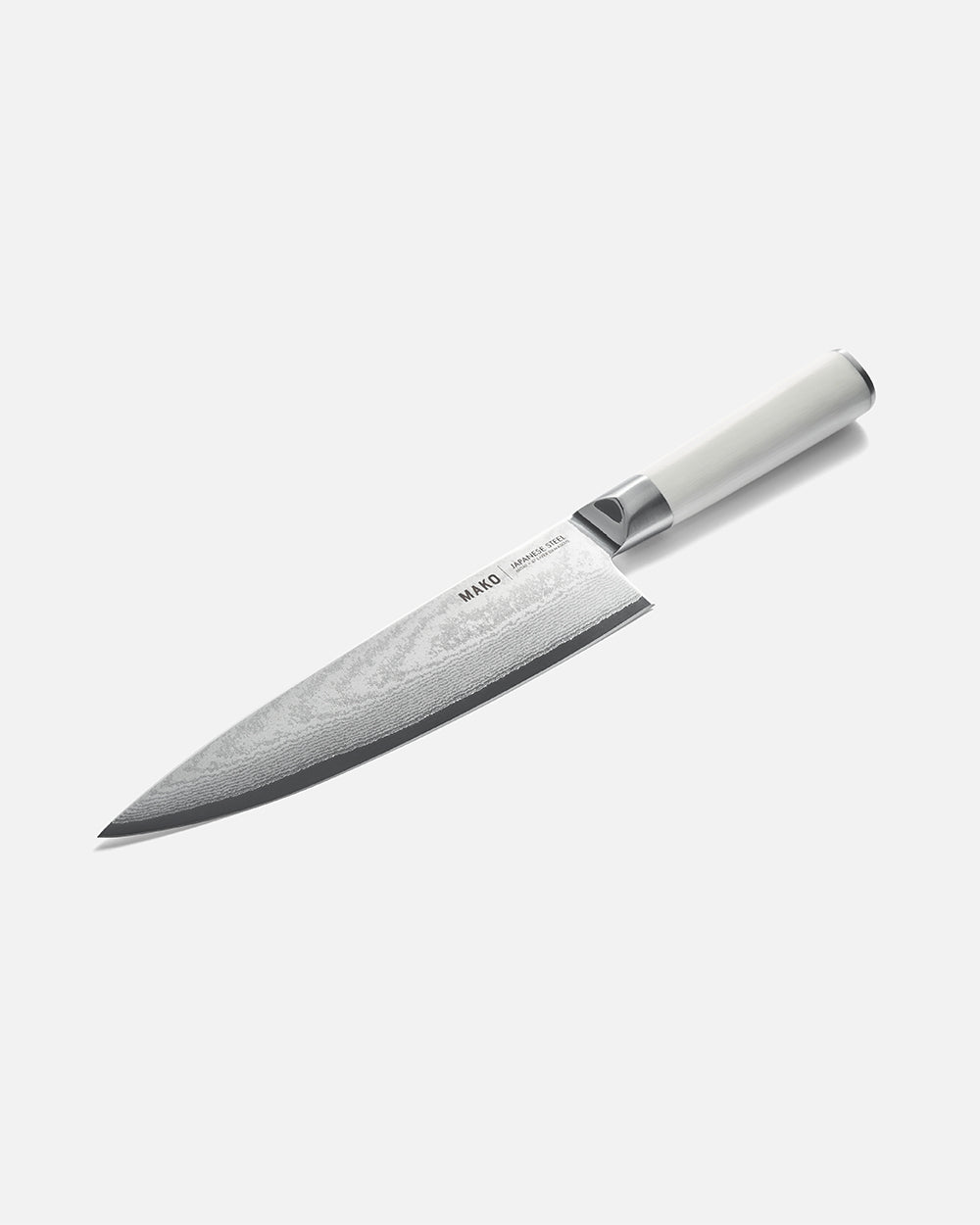 Japanese style chef knife with cream handle and damascus steel blade on white background