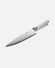 Mako chef knife with white handle and patterned Japanese steel blade on white background