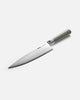 Mako chef knife with olive green handle and patterned Japanese steel blade on white background