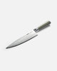 Mako chef knife with olive green handle and patterned Japanese steel blade on white background