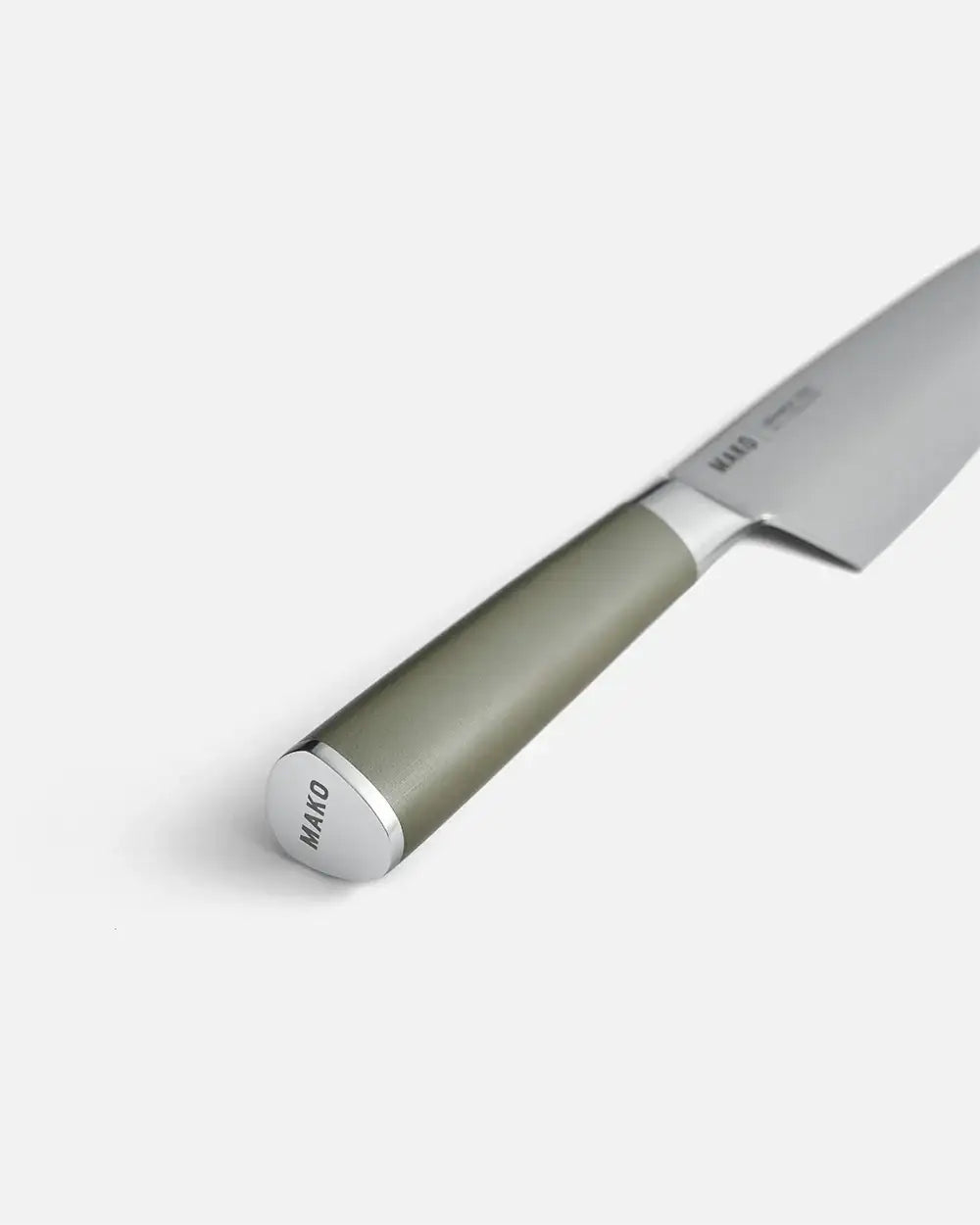 Mako chef knife with olive green handle and stainless steel blade designed by Marion Grasby
