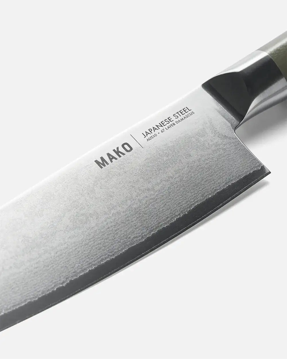 Close-up of Mako Japanese steel chef knife with 67 layer Damascus blade and olive handle