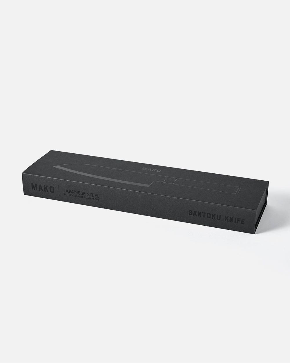MAKO Santoku knife box with Japanese steel text on minimalist white background