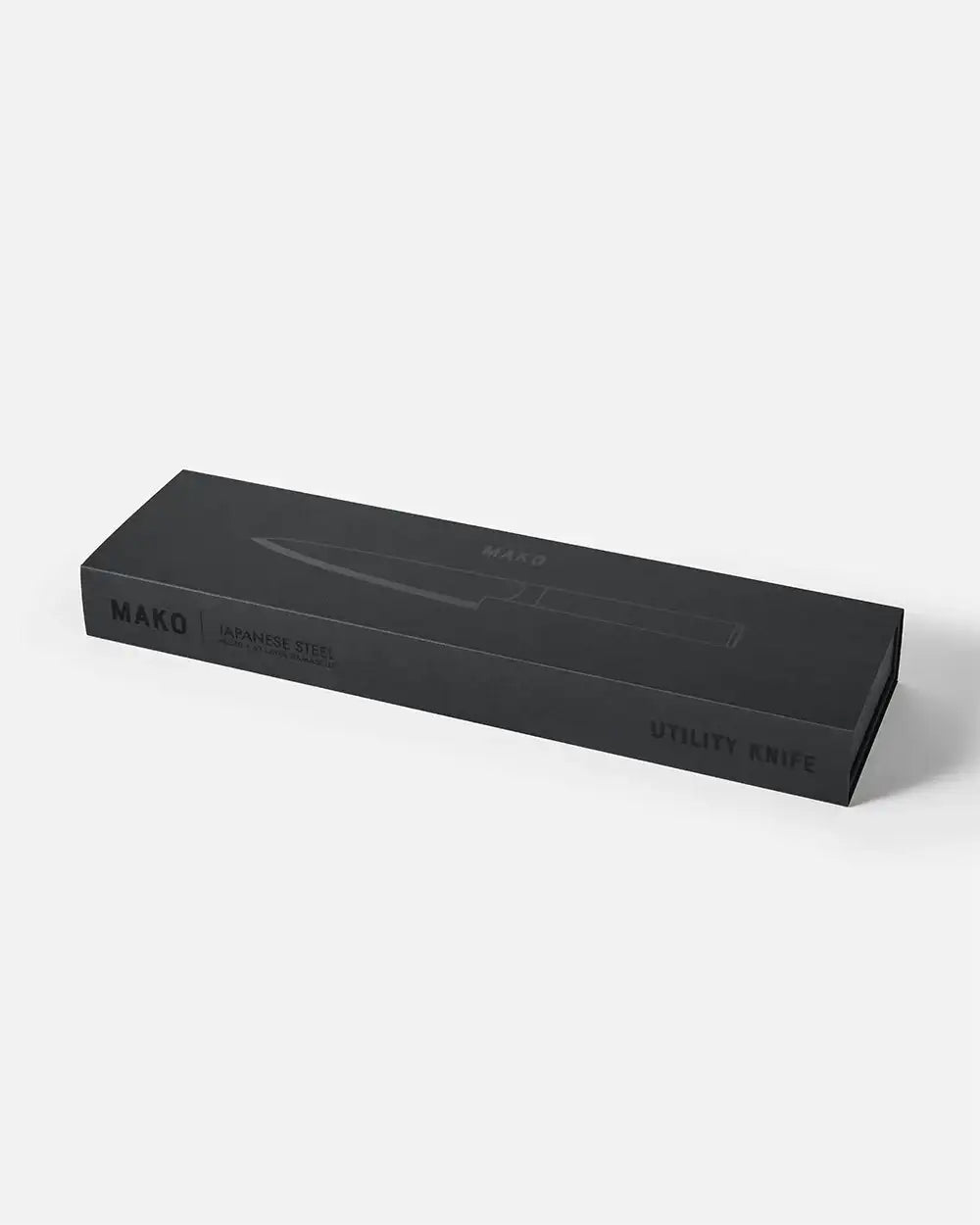 Mako Utility Knife box made of Japanese steel with minimalist black packaging by Marion Grasby