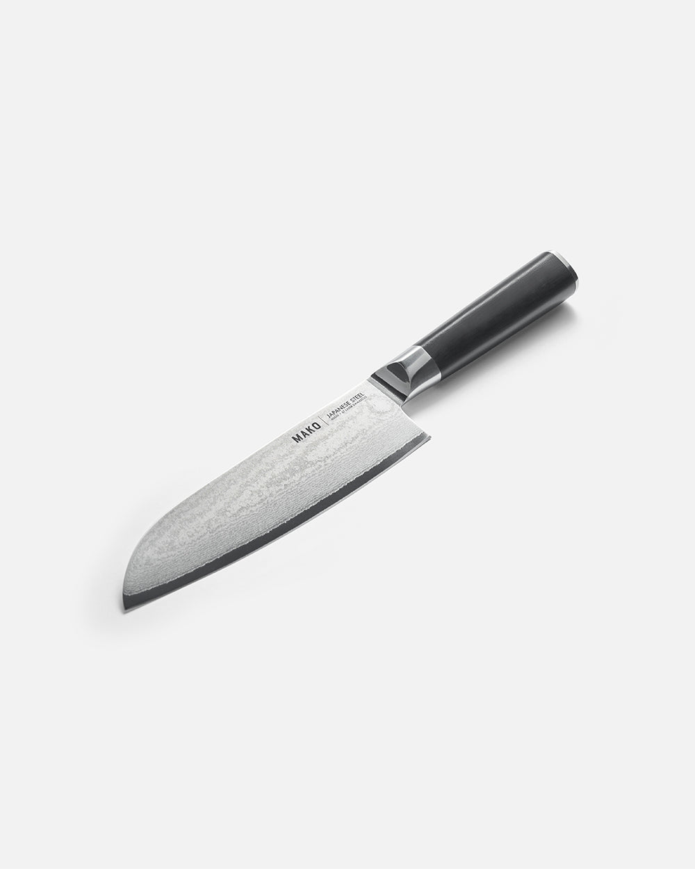 Japanese steel Santoku kitchen knife with black handle on white background