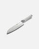 Mako Santoku knife with patterned Japanese steel blade and white handle on light background