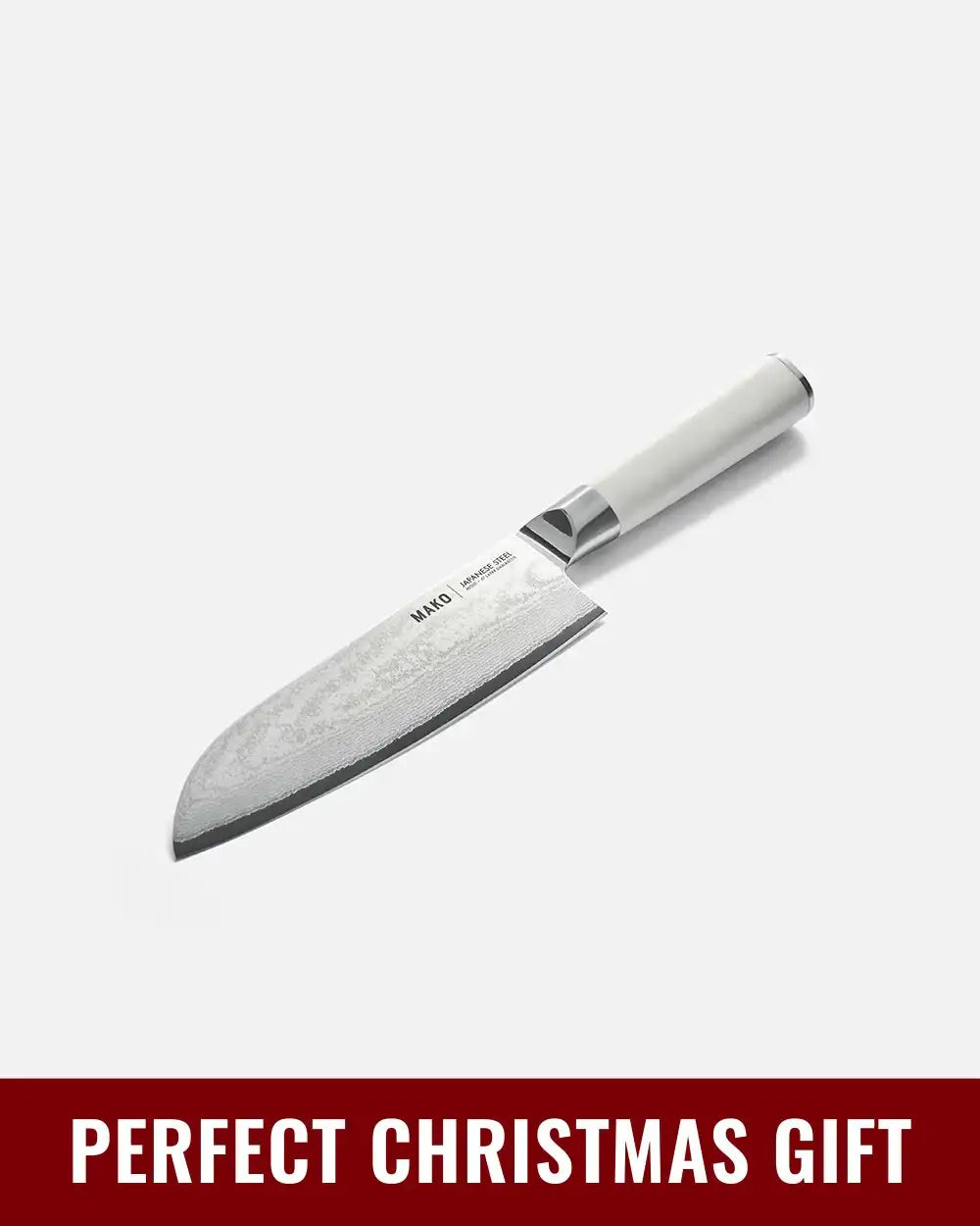 Mako Santoku knife with white handle and Japanese steel blade, perfect Christmas gift
