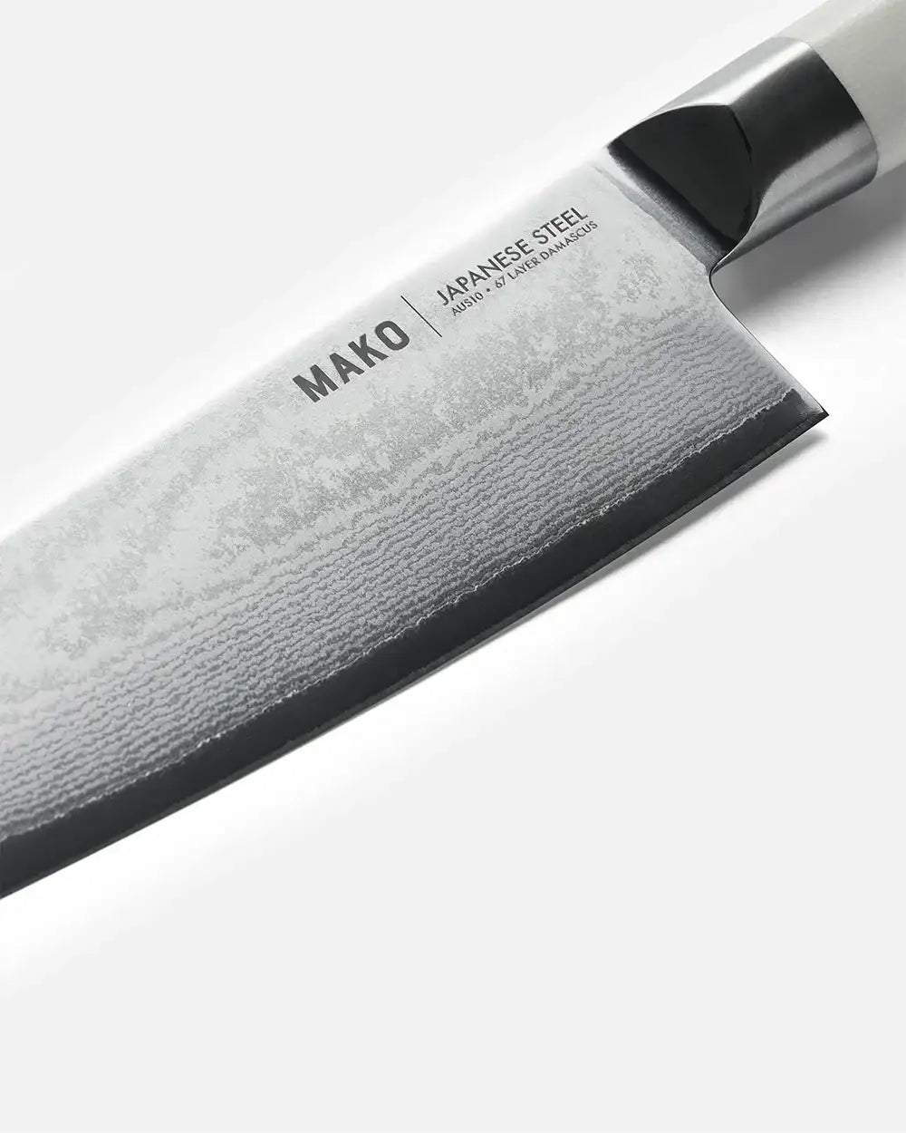 Close-up of Mako Japanese steel Santoku knife blade with 67-layer Damascus pattern, Marion Grasby
