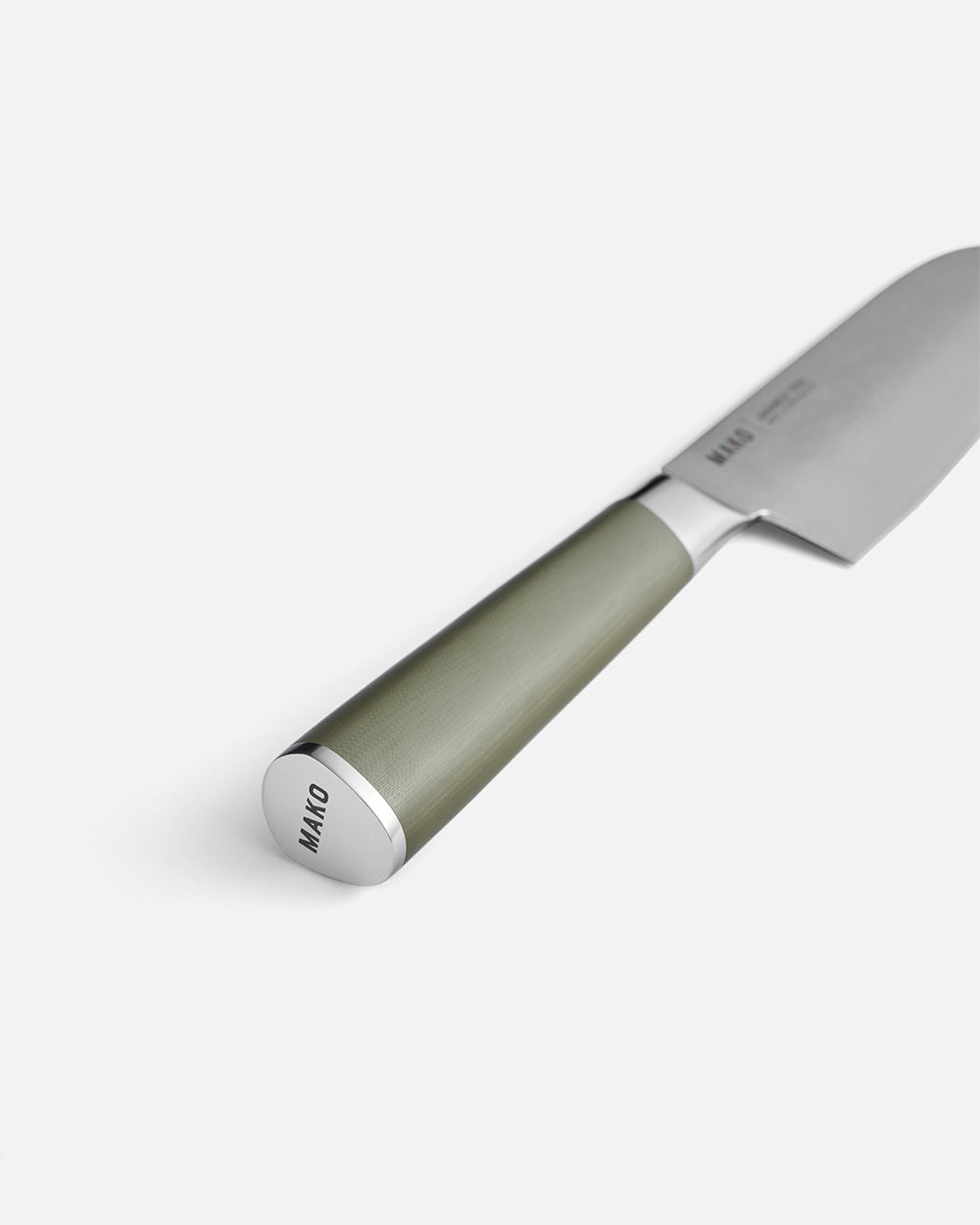 Mako Santoku knife with olive green handle and stainless steel blade on white background