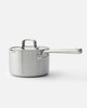 Stainless steel Mako saucepan with lid and long handle by Marion Grasby on white background