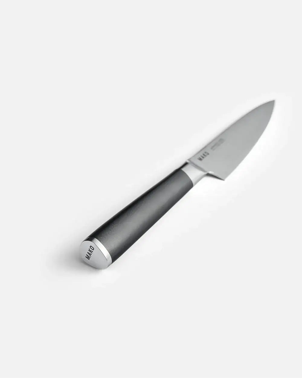 Mako utility knife with black handle and stainless steel blade on white background