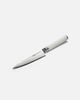 Mako chef's utility knife with cream handle and Japanese steel blade on white background