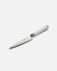 Mako chef's utility knife with cream handle and Japanese steel blade on white background