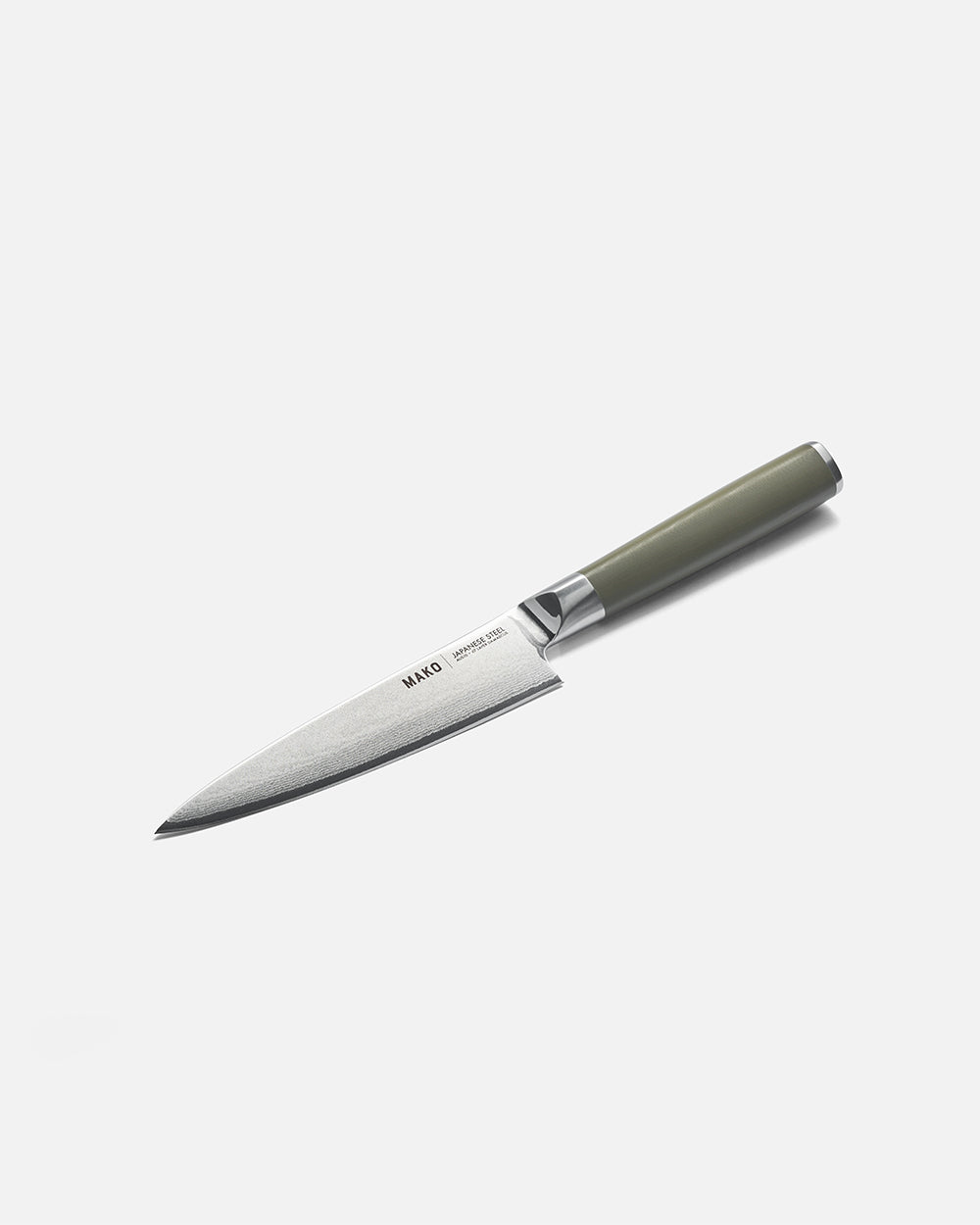 Utility kitchen knife with olive green handle and stainless steel blade on white background
