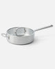 Stainless steel sauté pan with lid and long handle on a white background