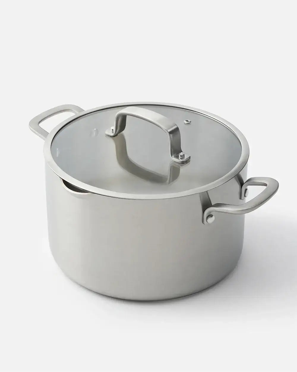 Stainless steel stockpot with glass lid and sturdy handles by Marion Grasby's Mako cookware