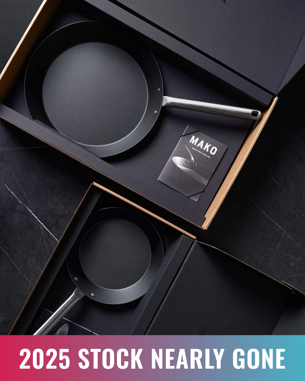Mako Black Steel Steak Pan Set , Mini Sear Pan and Steak Pan in boxes