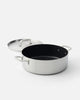 Stainless steel nonstick essential pan with lid, large handles, and black interior on white background.
