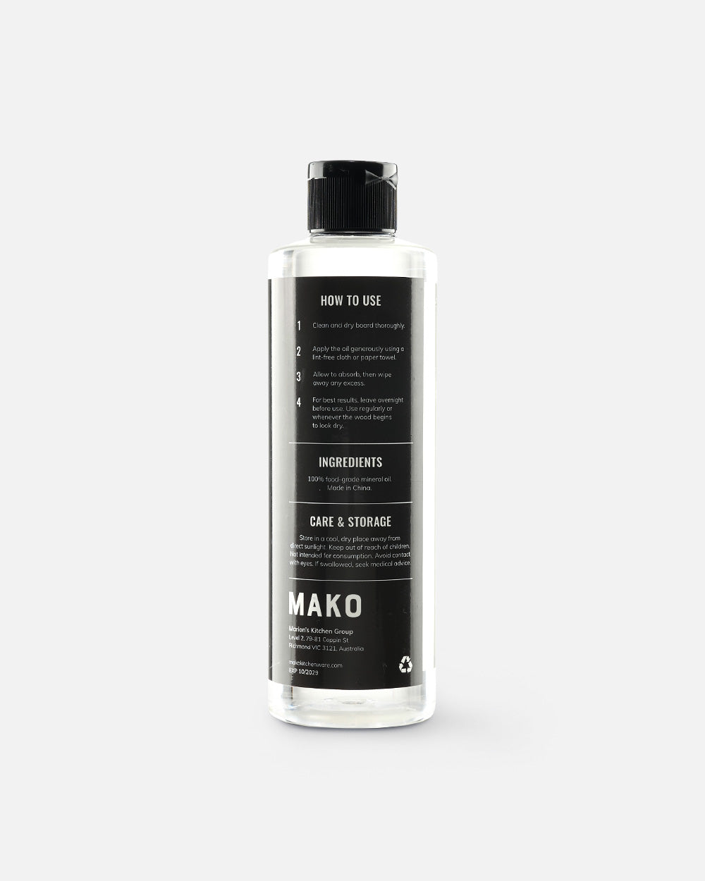 MAKO Chopping Board Mineral Oil Bottle on white background with back label visible. How to use, ingredients and other details. 