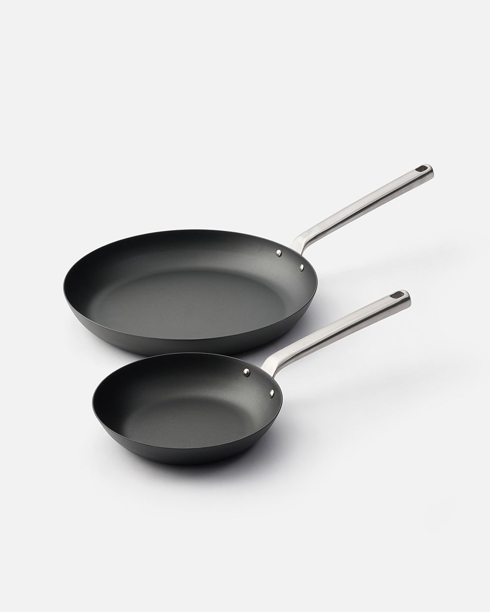 MAKO Black Steel 20cm & 31cm Frying Pan Duo angle shot on white background
