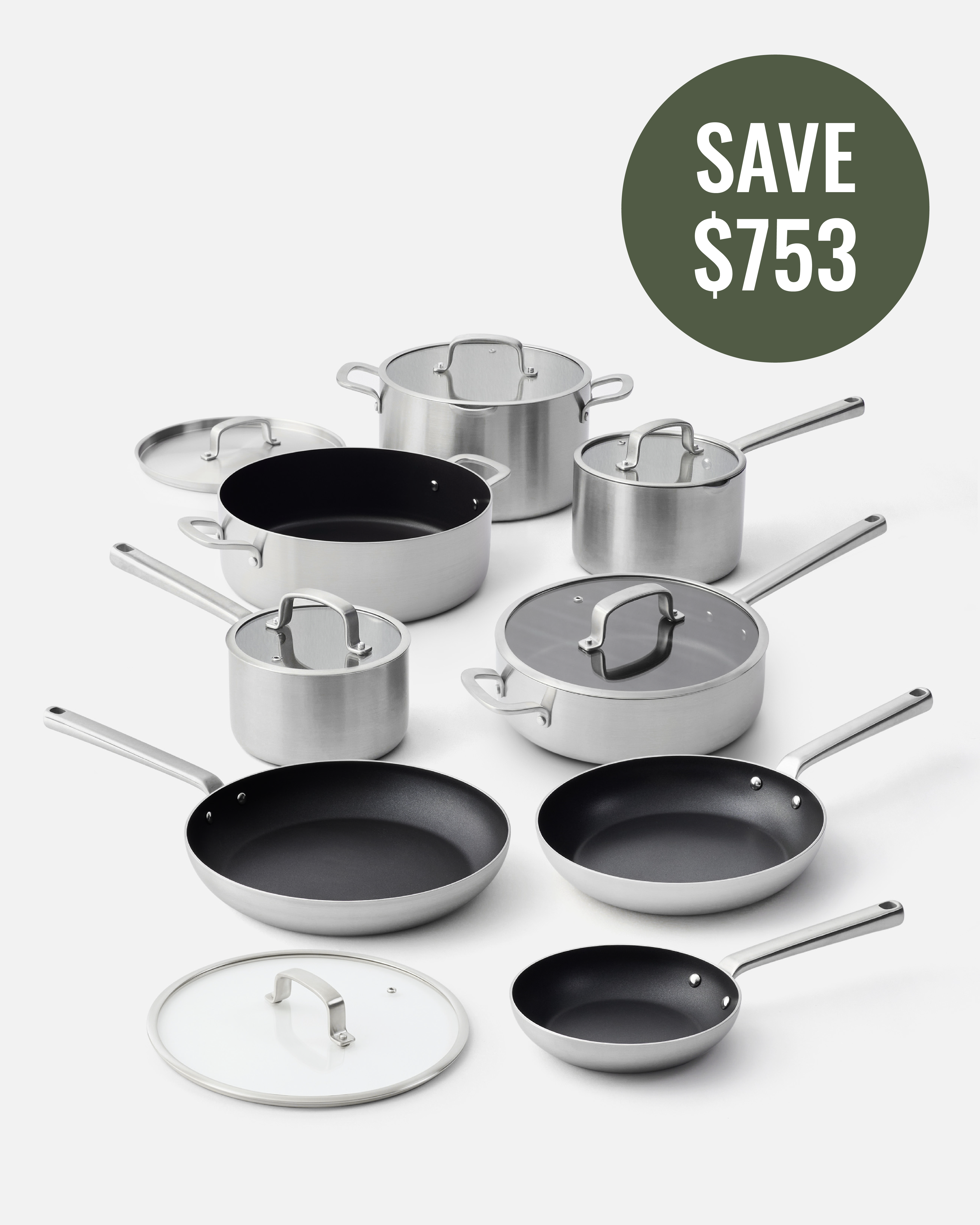A 10-piece stainless steel cookware set with black non-stick interiors and glass lids, arranged on a light gray background with a dark green circular badge in the top right that reads 'SAVE $753'.